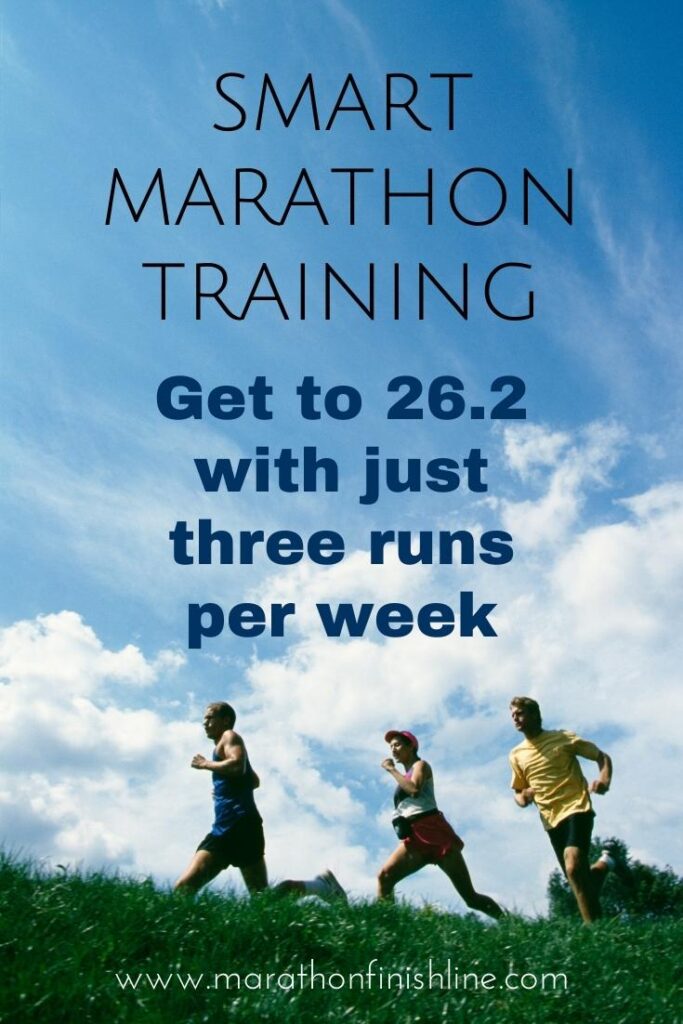 smart marathon training get to 26.2 on three runs per week with three people running in a field